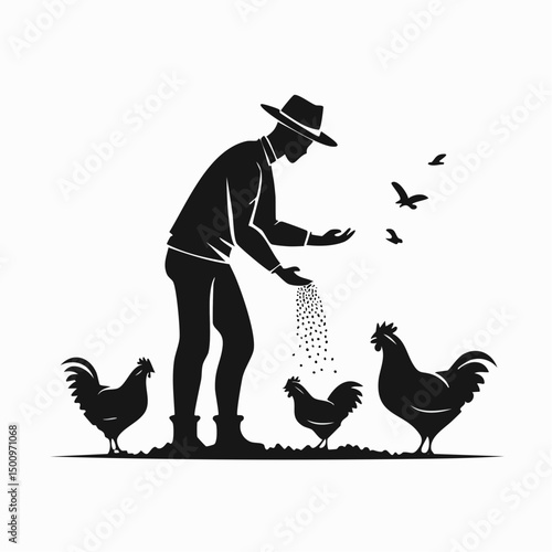 Poultry Farmer Feeding Chickens Silhouette — Flat 2D Minimalist Vector