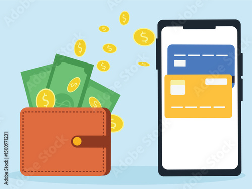 Online payment in smartphone. with transaction of cashback, pay, Send, receive money from card on electronic money wallet. vector illustration