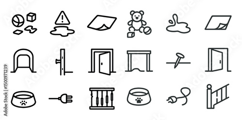 Child safety outline icons set - flat, solid, protection and security symbols