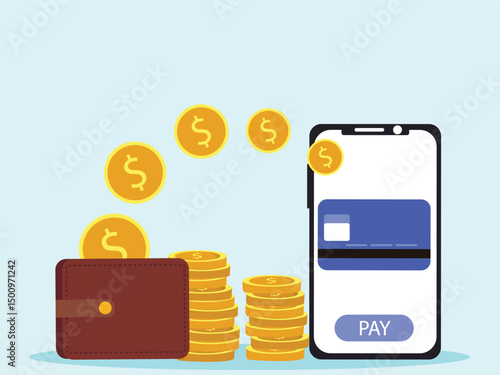 Online payment in smartphone. with transaction of cashback, pay, Send, receive money from card on electronic money wallet. vector illustration