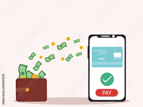 Online payment in smartphone. with transaction of cashback, pay, Send, receive money from card on electronic money wallet. vector illustration