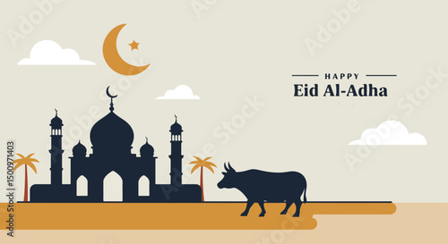 This illustration shows a mosque silhouette, a crescent moon with a star, a cow, and the text "Happy Eid Al-Adha" in a minimalist and celebratory design.