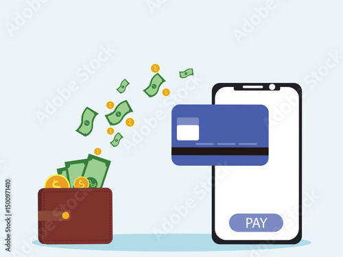 Online payment in smartphone. with transaction of cashback, pay, Send, receive money from card on electronic money wallet. vector illustration