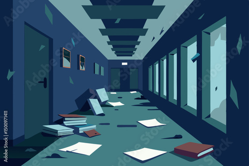 abandoned school hallway with peeling paint  scatt 