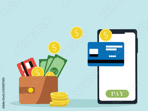 Online payment in smartphone. with transaction of cashback, pay, Send, receive money from card on electronic money wallet. vector illustration
