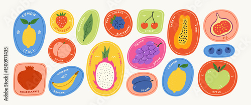 Set of vintage colorful fruit and berry sticker. Hand drawn organic food labels. Lemon, mango, apple, dragon fruit, banana, strawberry, cherry. Tropical exotic summer fruits. Vector flat illustration.