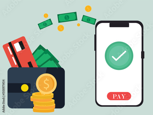 Online payment in smartphone. with transaction of cashback, pay, Send, receive money from card on electronic money wallet. vector illustration