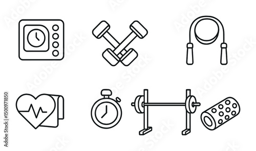 Fitness equipment and exercise icons for health and wellness design