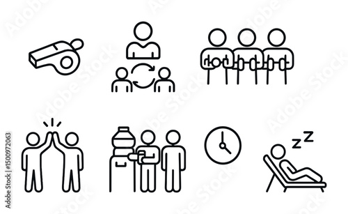 Office teamwork and relaxation line icons for collaborative design