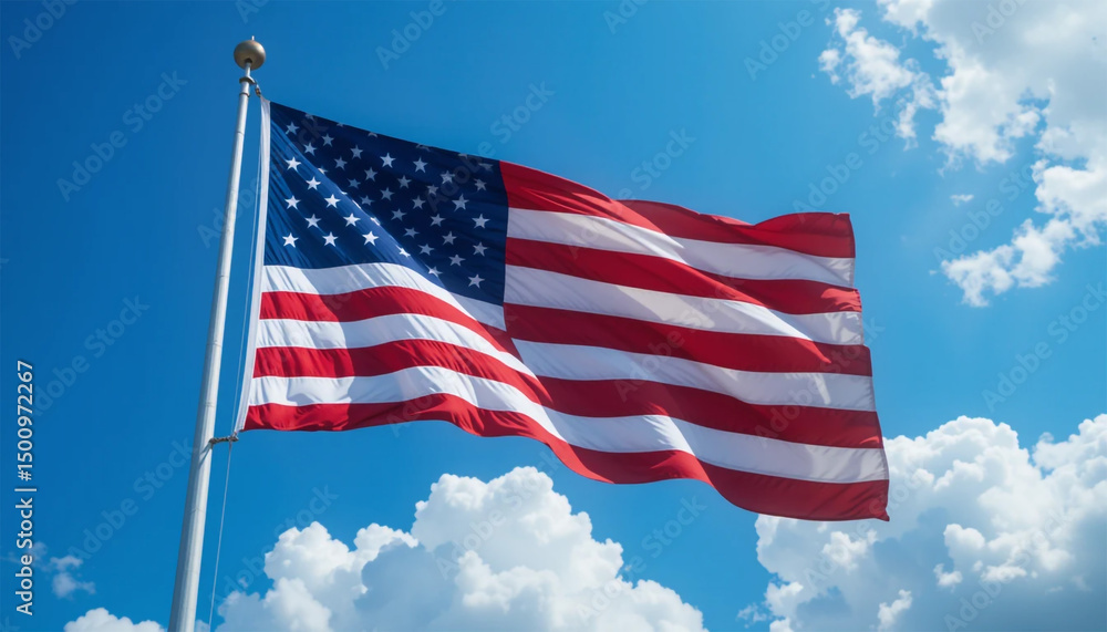 American Flag Waving Blue Sky Clouds Patriotic USA American Flag Waving Blue Sky Clouds Patriotic USA