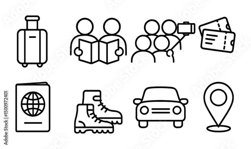 Travel essentials icons for vacation and adventure planning