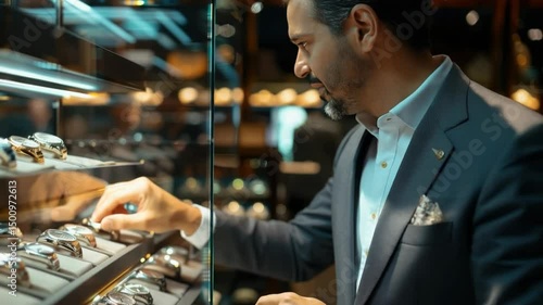 A male watch shop assistant advises a customer in choosing a luxury and elegant watch.