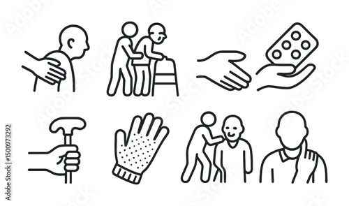 Elderly care icons set for health and assistance design