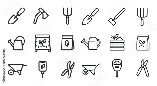 Gardening tools outline icons set – line, linear, garden equipment graphics