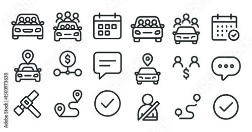 Carpool and rideshare line icons set – linear, outline, transportation symbols