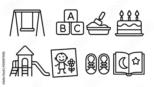 Children's playground and learning icons for educational and recreational design projects