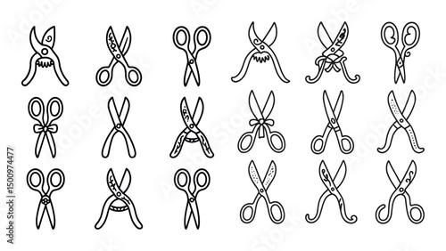 Gardening tools outline icons set – line, linear, pruning shears and scissors symbols