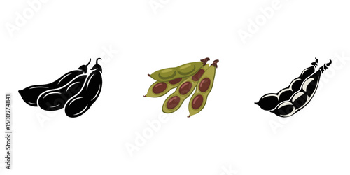 Broad bean, fava bean, faba bean. Hand drawn vector illustration isolated on white background, broad bean pod silhouette vector on white, These are different types of beans: snow peas, edamame.