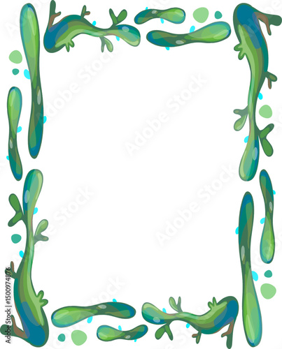 Vector frame with botanical elements. Plants, algae, and abstract green lines on a separate background.