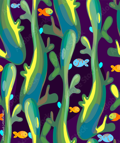 Vector seamless background with marine elements. Plants, algae, and abstract green lines on a separate background.