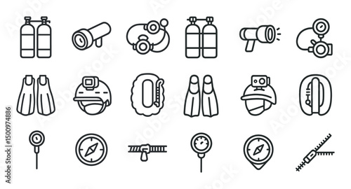 Diving equipment outline icons set – scuba gear, underwater, snorkeling symbols