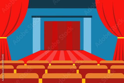 school auditorium with stage  red curtains  wooden 