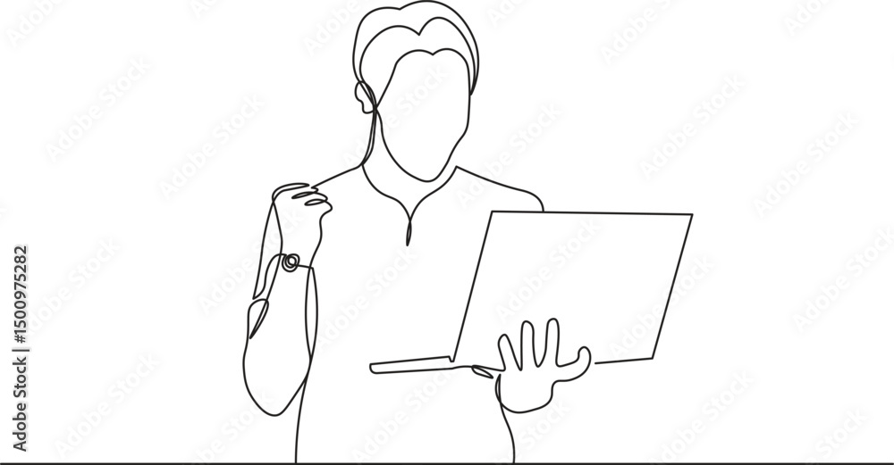 Half-body sketch of a man holding a laptop with one clenched hand as a sign of success in continuous line drawing style. Minimalist black linear sketch isolated on white background. Half-body sketch of a man holding a laptop with one clenched hand as a sign of success in continuous line drawing style. Minimalist black linear sketch isolated on white background.
