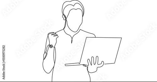 Half-body sketch of a man holding a laptop with one clenched hand as a sign of success in continuous line drawing style. Minimalist black linear sketch isolated on white background. 