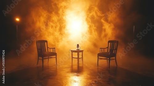 Two chairs and a mic. Mystical fog glows with soft yellow lighting on a reflective floor