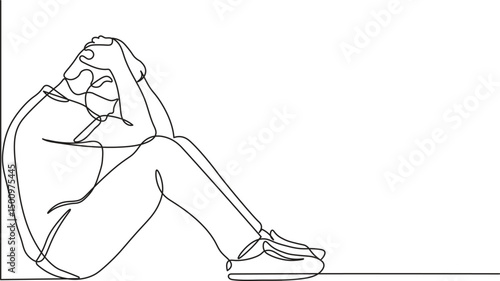 Depressed man sitting on the floor with continuous line drawing style. Minimalist black linear sketch isolated on white background. Vector illustration