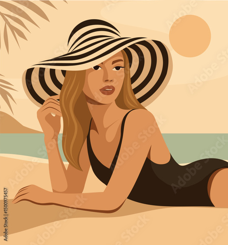 Summer holidays. Vector illustration of a girl in a black swimsuit and a wide striped hat sunbathing on the beach by the sea. Summer mood, femininity, aesthetics, sunset. Use for a tourism project