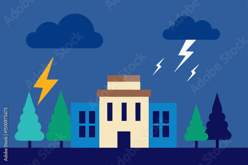 stormy weather scene with lightning behind a school