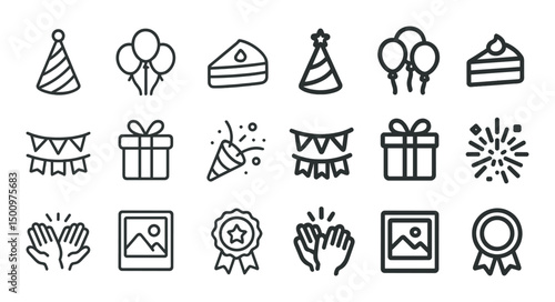 Celebration and party outline icons set – festive, linear, event planning symbols