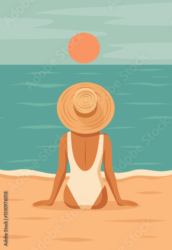 Summer vacation. Vector illustration of a woman in a swimsuit and hat sitting on the beach and watching the sunset. Summer vacation, seaside holiday, warm color palette. Use for a tourism project