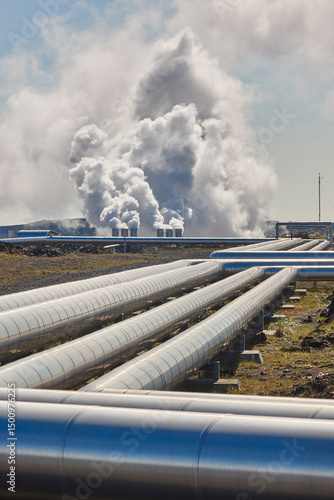 Geothermal plant pipes. Green energy. Reykjanes Peninsula. Iceland