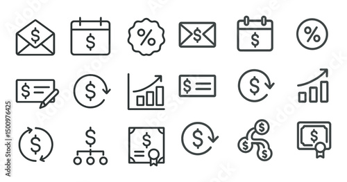Finance and payments outline icons set – currency, business, banking symbols