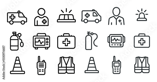 Emergency services icons set – outline, line, medical and safety symbols