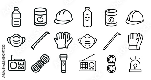 Construction and safety icons set – line, outline, protective gear and tools