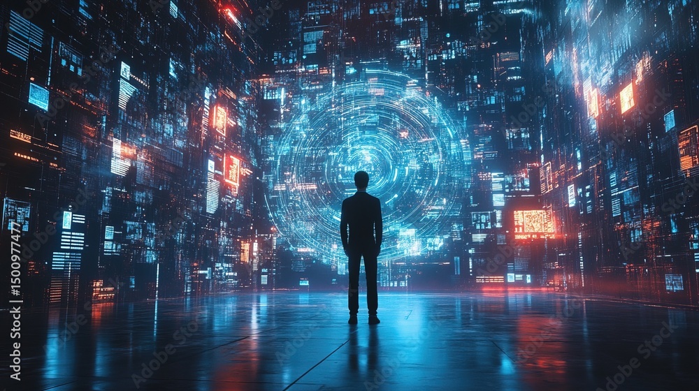 A digital entrepreneur surrounded by futuristic graphs and analytics A digital entrepreneur surrounded by futuristic graphs and analytics