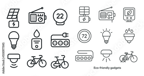 Eco-friendly gadgets outline icons set – line, linear, sustainable tech symbols