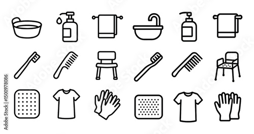 Bath and hygiene outline icons set – line, clean, bathroom and grooming symbols