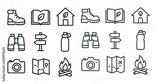 Nature and camping outline icons set – hiking, backpacking, outdoor adventure symbols