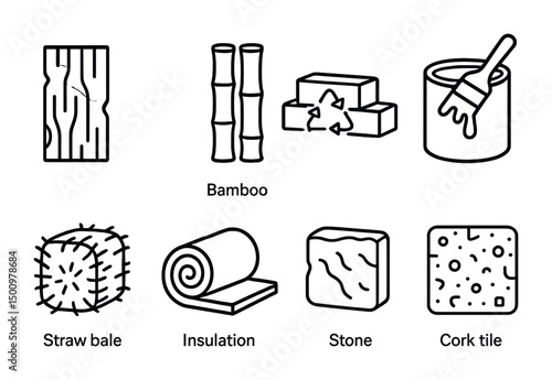 Sustainable building materials icon set for eco-friendly design and construction projects