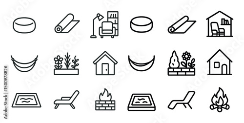 Home and garden icon set – outline, linear, decor and landscaping symbols