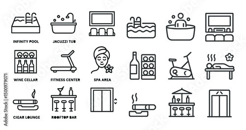 Spa and leisure icons set – line, outline, relaxation and wellness symbols