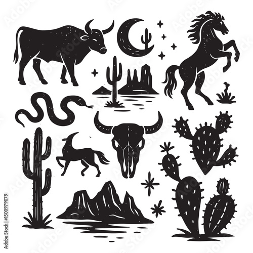  Linocut western boho set vector, Texas desert engraving print collection, vector canyon wildlife, cactus. 
Texture grunge Arizona rodeo graphics, bull, horse, snake, skull silhouette
