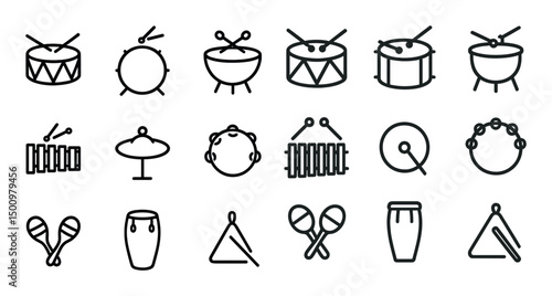 Musical instruments icon set – outline, linear, music and percussion symbols