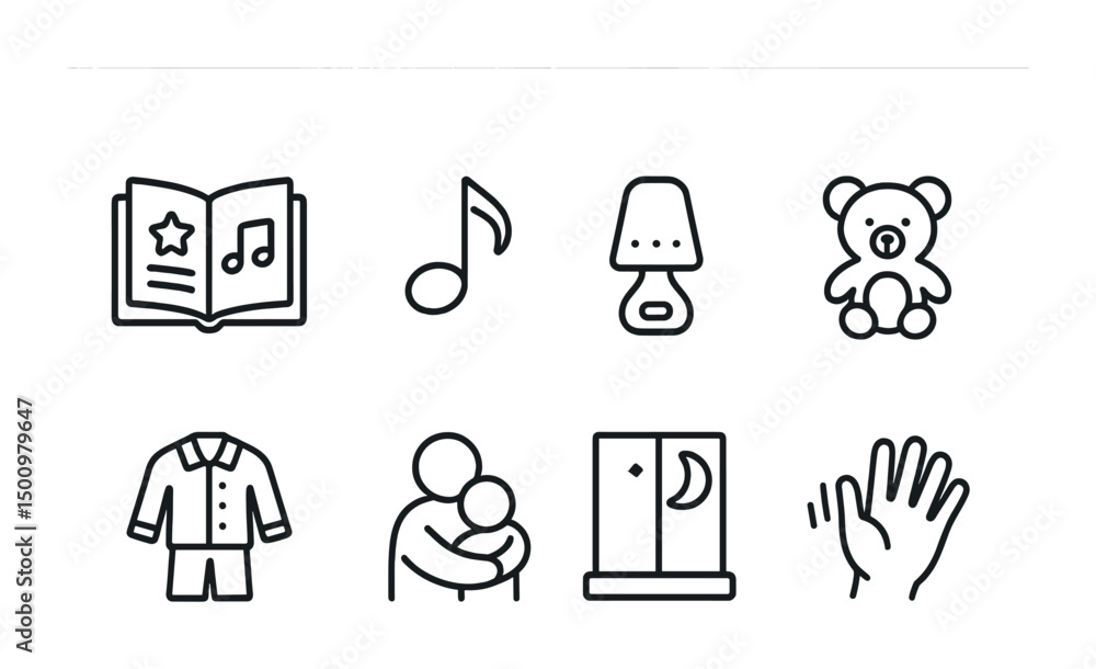 Fototapeta premium Bedtime routine icons featuring storybook, music note, and teddy bear