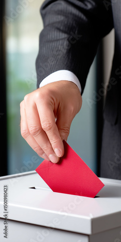 Close up of a hand placing a red ballot card into a ballot box, symbolizing voting or an important decision.