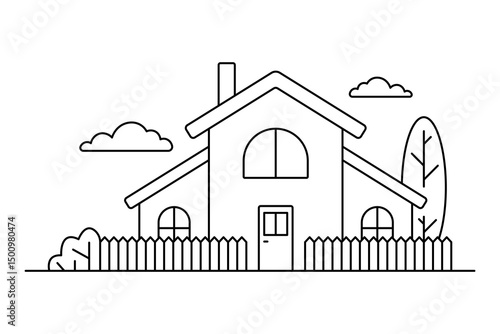 House, fence and trees icon. Black outline linear silhouette. Editable strokes. Front view. Vector simple flat graphic illustration. Isolated object on white background. Isolate.